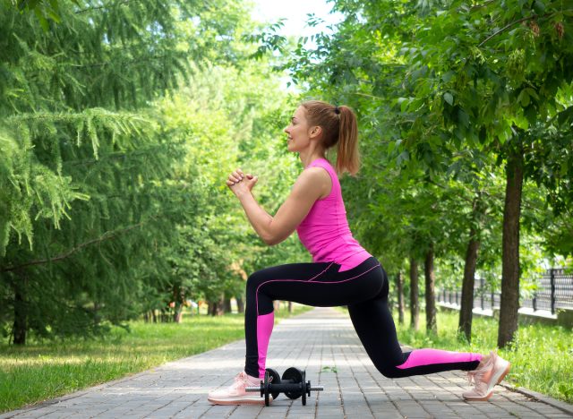 woman doing lunges outdoors, concept of compound exercises to change your body shape