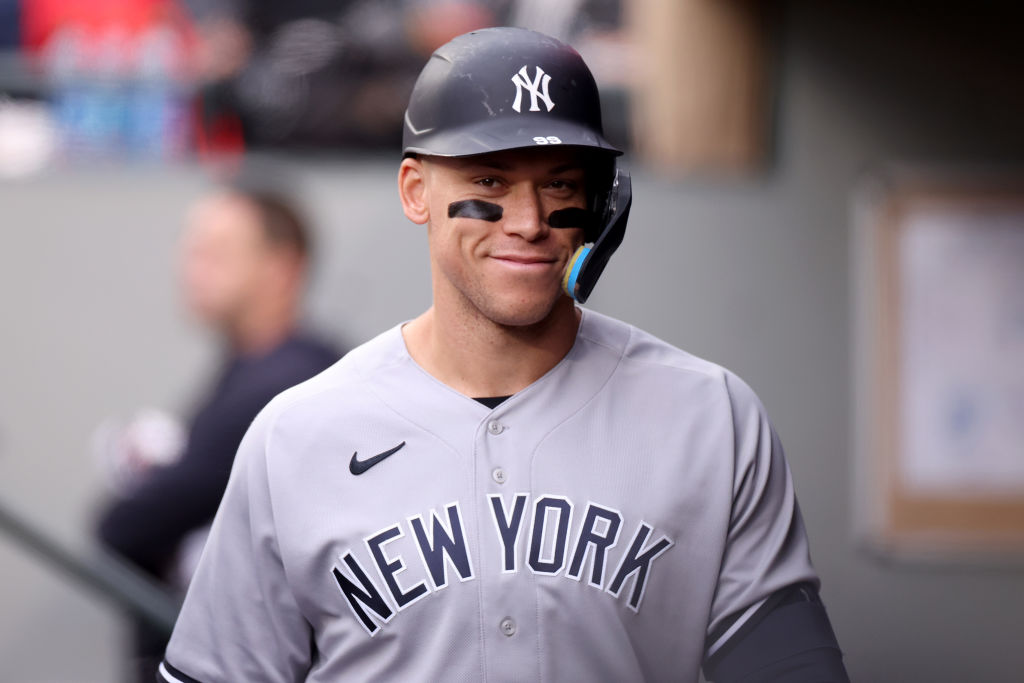 New York Yankees Aaron Judge #99 looks on during the third inning against the Seattle Mariners at T-Mobile Park on May 31, 2023 in Seattle, Washington.